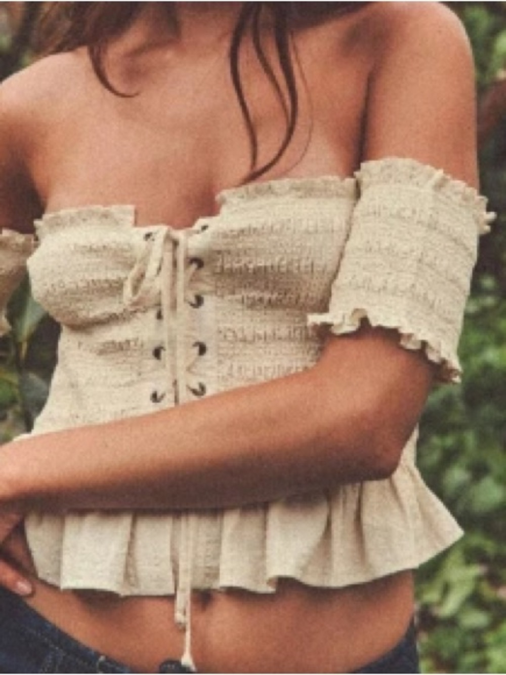 Zara Off-Shoulder Beige Crochet Tie-Front Peplum Top